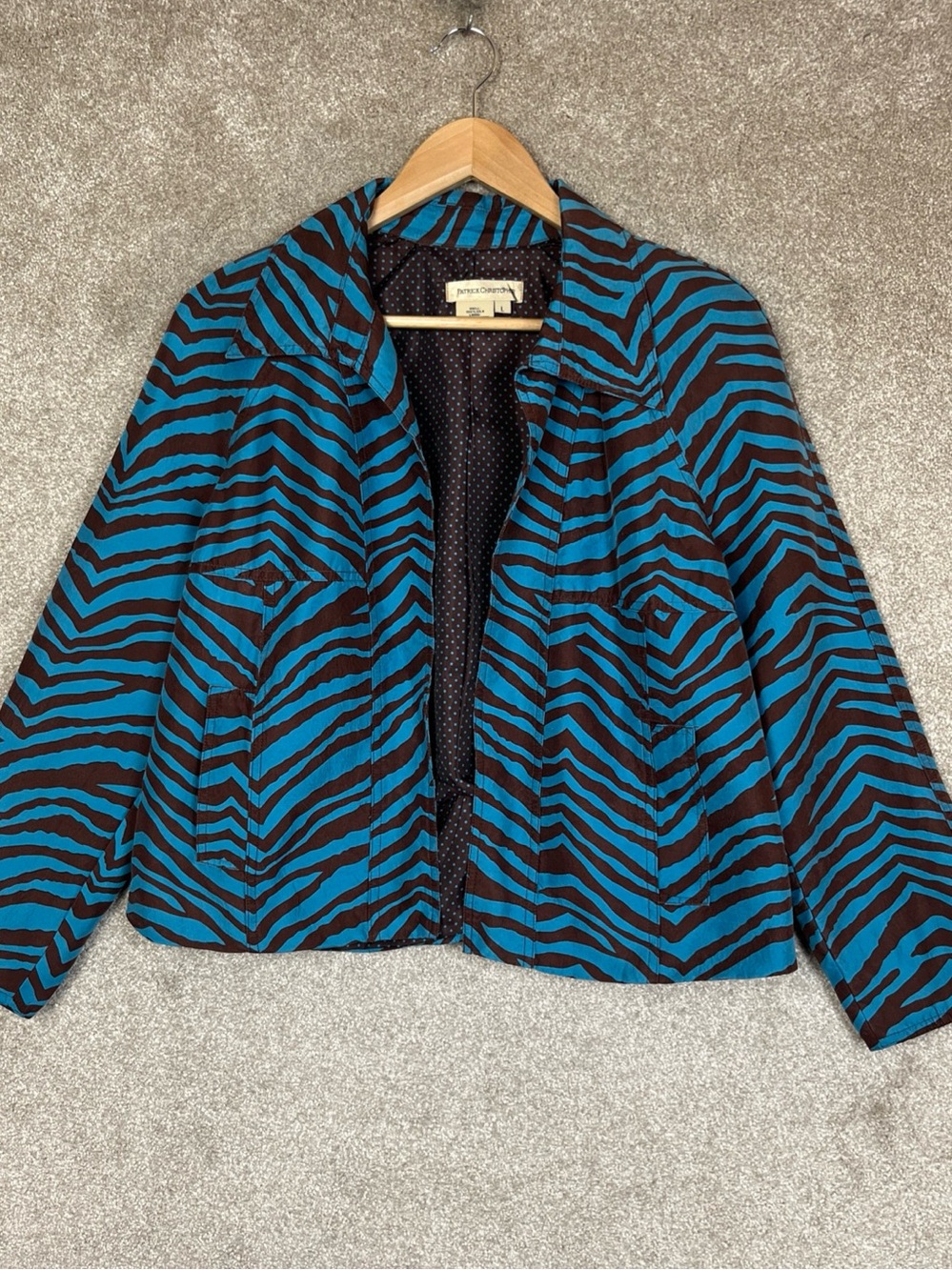 Patrick Christopher Jacket Womens Large Blue Brown Silk Long Sleeve Lined- 5333